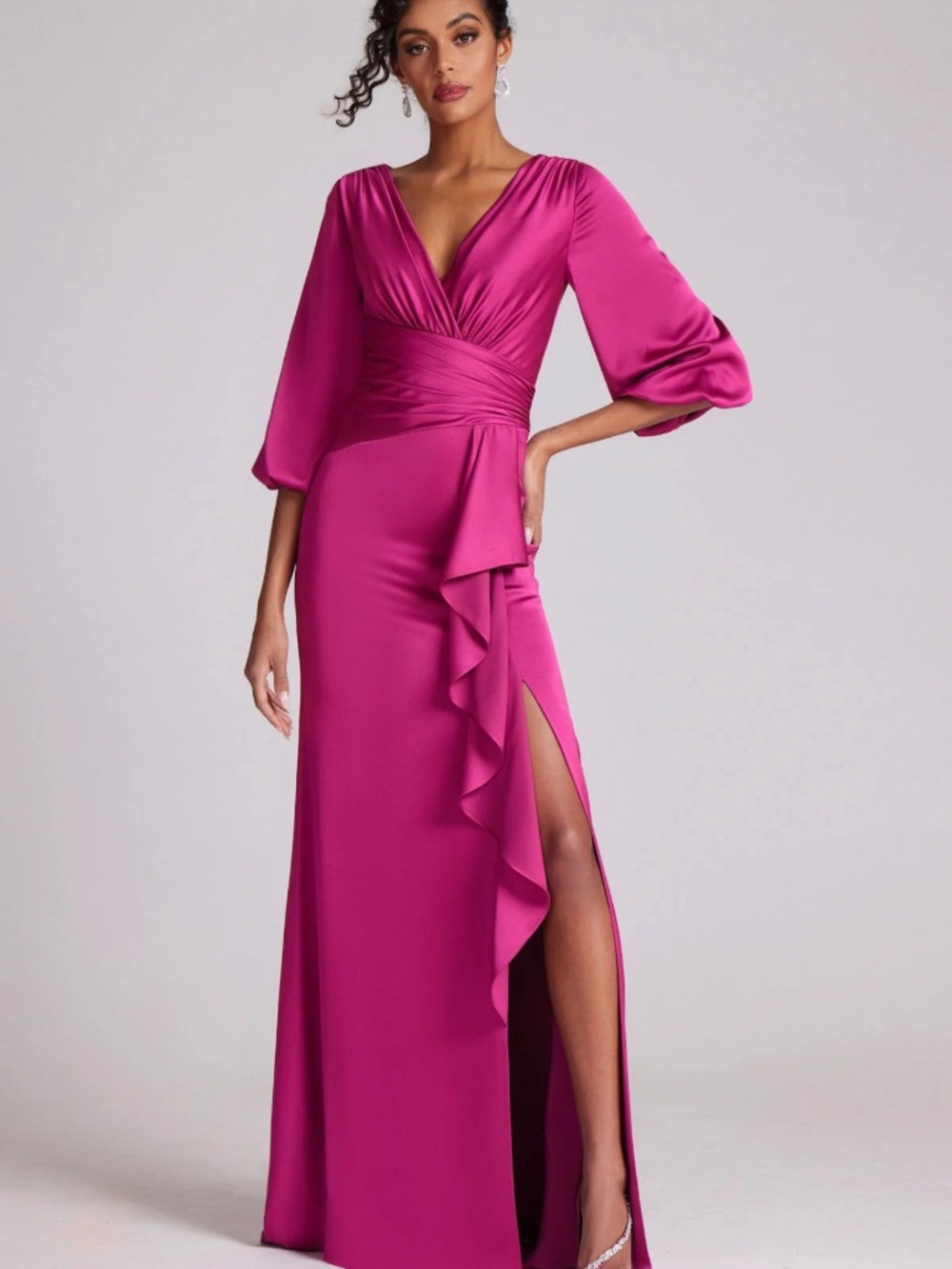 SATIN FULL SLEEVE SIDE DRAPE GOWN - MAGENTA